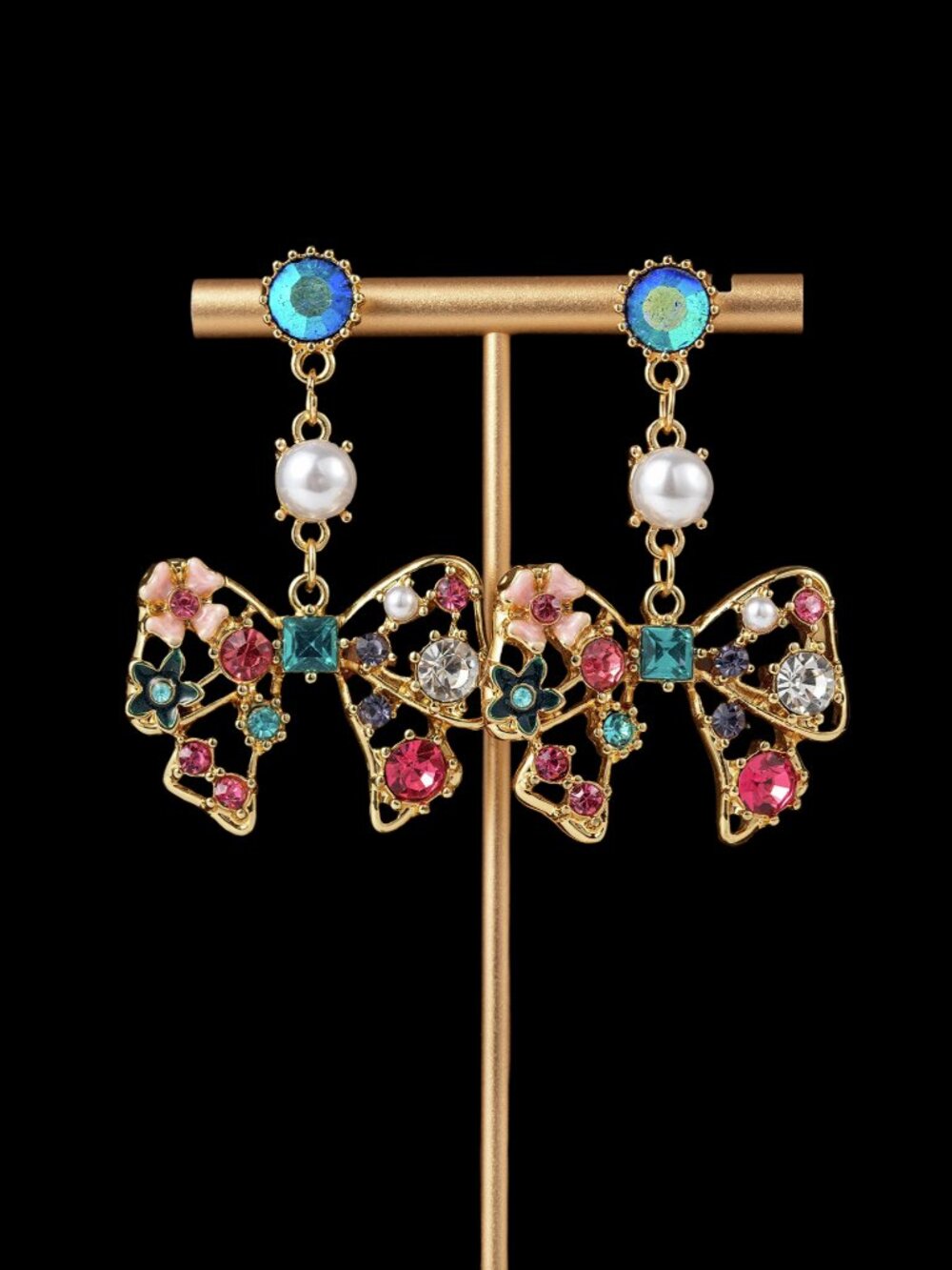 Vintage Ribbon Bow Enamel Flower Rhinestone Pearl Drop Earrings